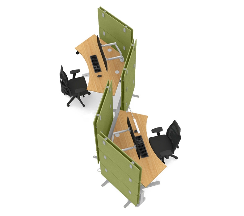 UPLIFT 120-degree standing desks arranged in optimal layout demonstrating modular compatibility and flexible workspace design.