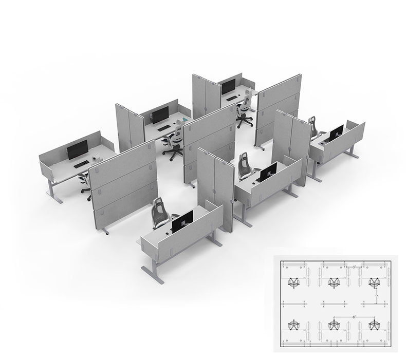Open office layout featuring identical workstations, each equipped with UPLIFT adjustable standing desks and ergonomic setups.
