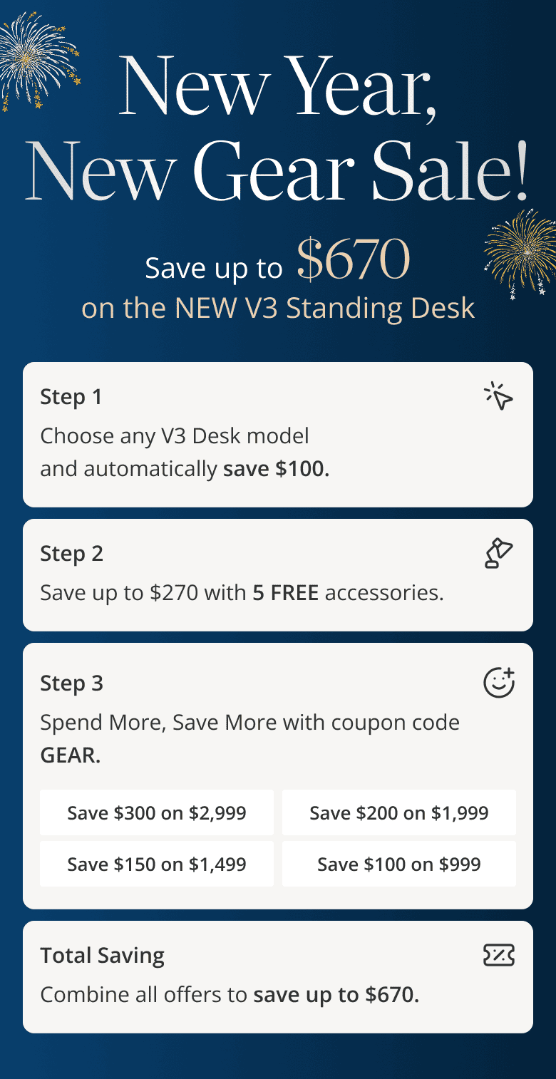 New Year, New Gear Sale Save up to $670 on a NEW V3 Standing Desk