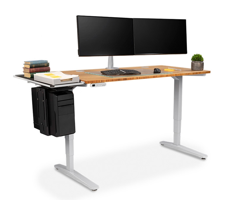 Bamboo Ergonomic UPLIFT Desk using a Desk Extension with CPU Holder to hold a CPU