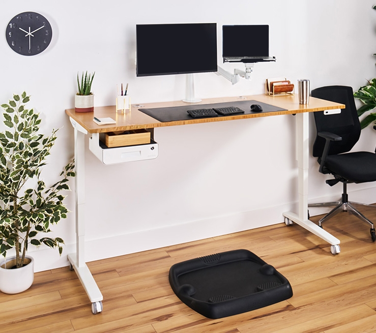 Bamboo Ergonomic UPLIFT Sit Stand Desk with UPLIFT Desk Laptop Mount on a Range-X Dual Monitor Arm
