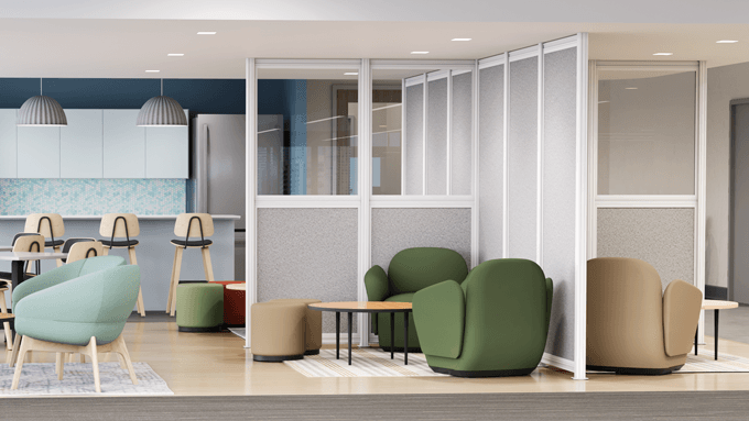 Modern office with UPLIFT Spaces Wall System and Dillo Lounge Seating showcasing modular design.