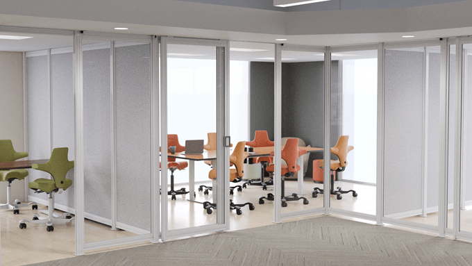 UPLIFT Spaces Wall System configured for meeting rooms featuring Capisco and Envoke chairs around conference tables.