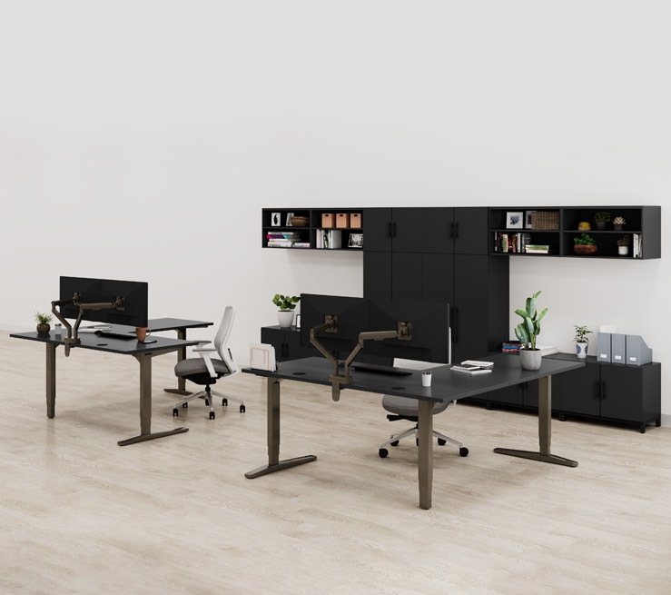 Black MoPac Shared Office Storage with l-shaped sit/stand desks
