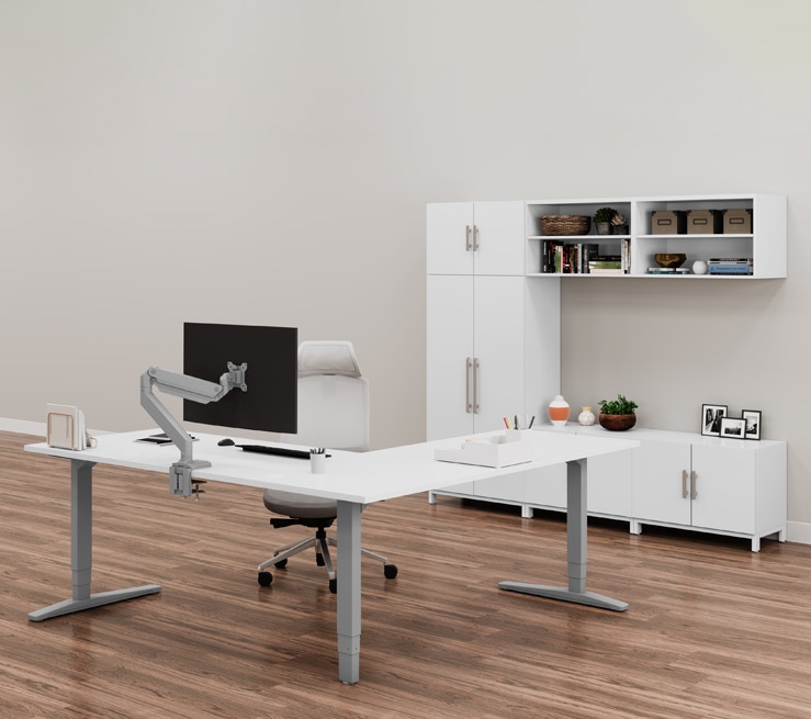 White MoPac Storage Wall with L-Shaped Standing Desk
