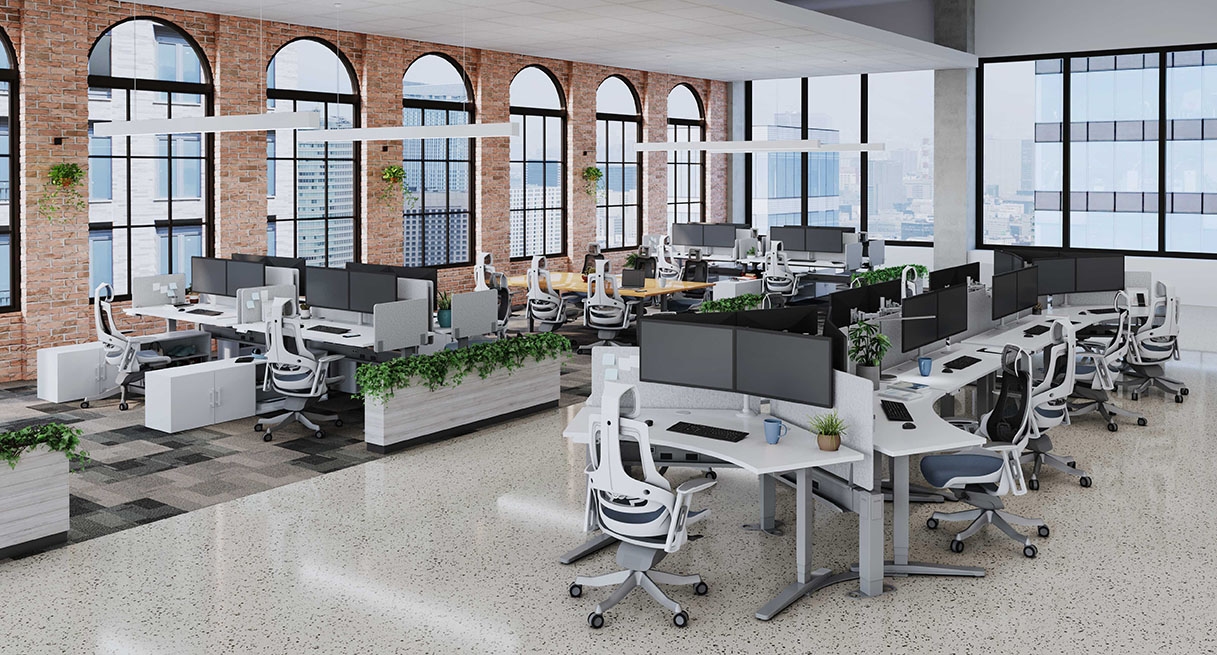 An office space laid out with Power & Data Rail configurations and benched desks