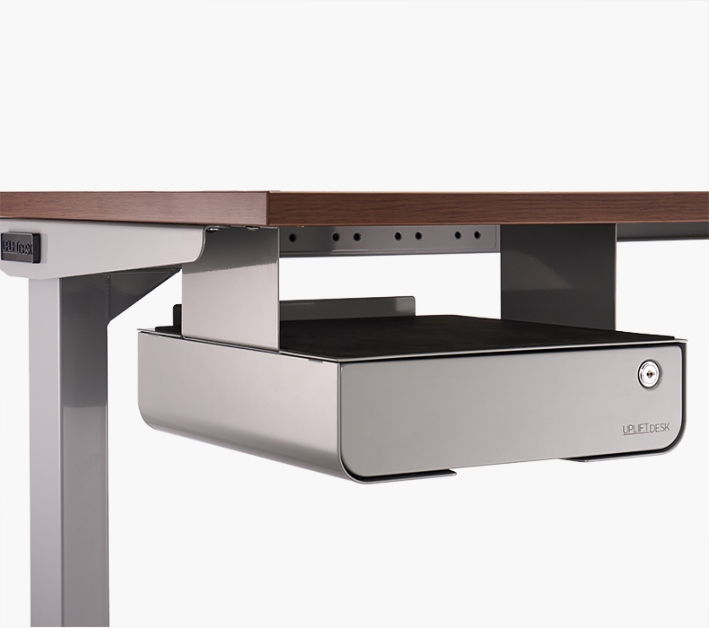Desk Drawer by UPLIFT Desk in gray showing shelf mounting option