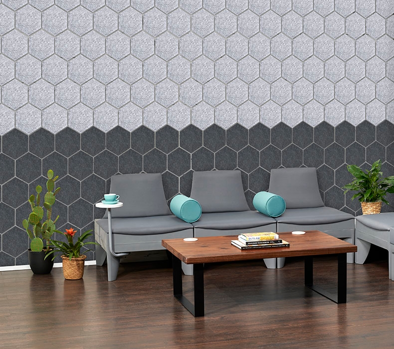 Soco Lounge Collection with 42" Walnut and Coffee Table and Hive Acoustic Panels