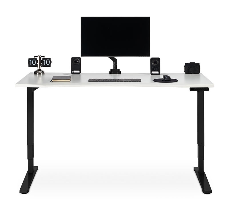 A 60" x 30" White Eco Curve Standing Desk with Zilker Single Monitor Arm