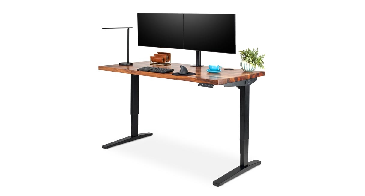 Saman Butcher Block Solid Wood UPLIFT Standing Desk with Range-X Dual Monitor Arm