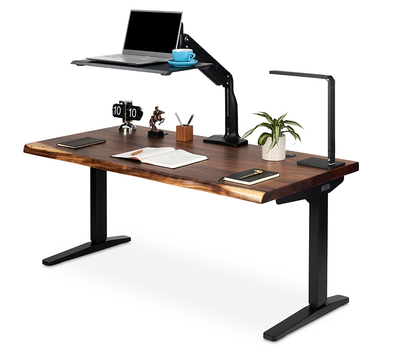 A Swing Laptop Sit/Stand Workstation mounted to a Saman Live Edge Standing Desk