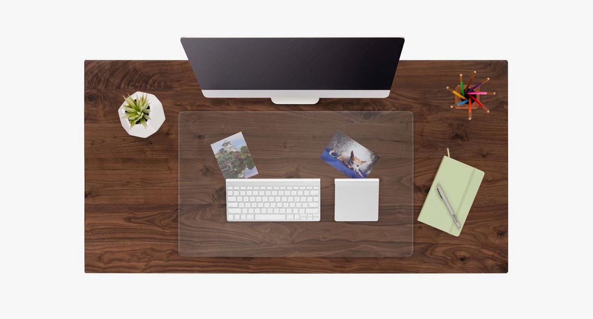A Glass Desk Blotter protecting a 60" x 30" Walnut Solid Wood Desktop