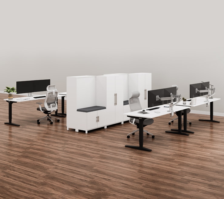 White MoPac Cabinets and Wardrobes create a partition between ergonomic desks