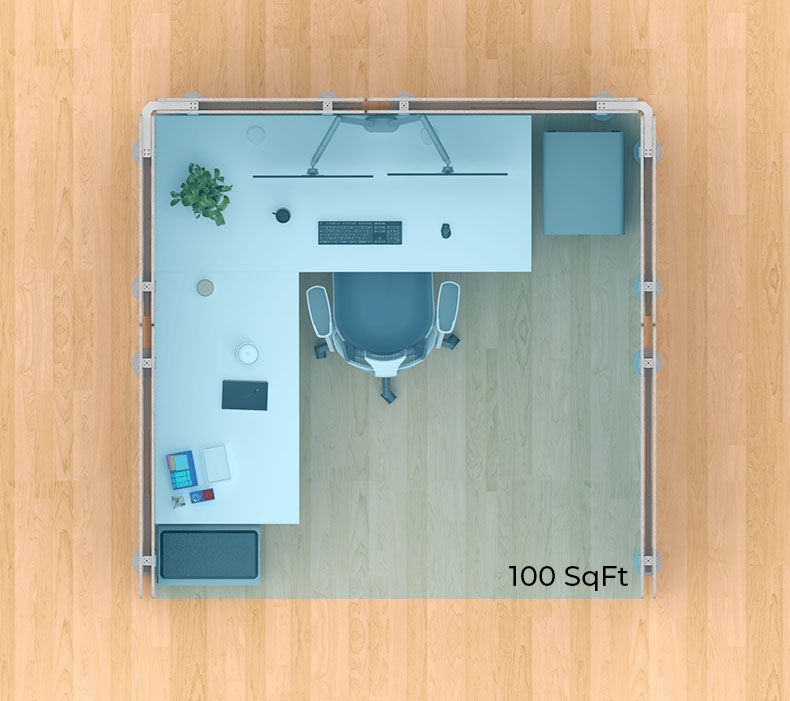 A ten foot by ten foot office cubicle viewed from above with shading indicating the space is 100 square feet
