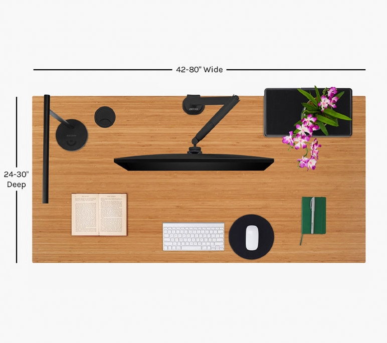 Bamboo dekstop overhead view with accessories and available dimenstions shown