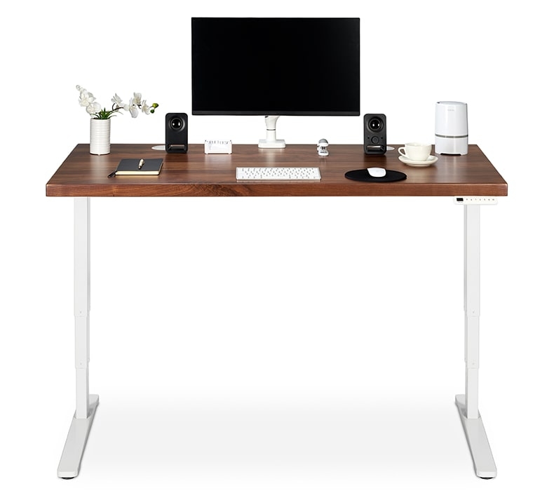 Single Enfield Monitor Arm mounted to a 60&quot; x 30&quot; Walnut Solid Wood Standing Desk