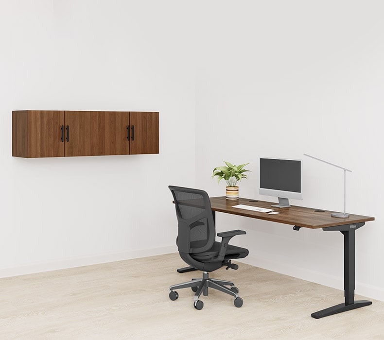 Walnut MoPac Overhead Cabinets mounted to a wall with wall cleats