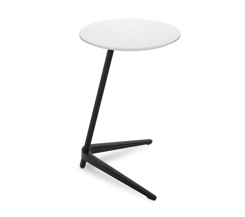 The Dillo Side Table with black base and white top, showing off modern angled cocktail table design