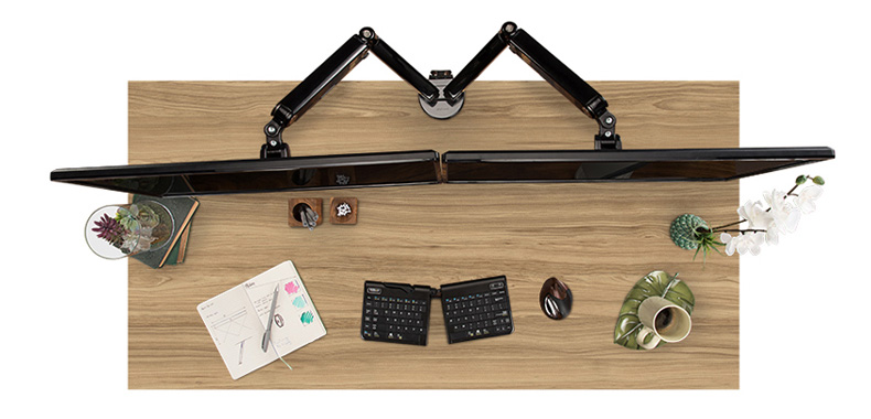 Fawn Cypress Custom Laminate desktop with earthy desk accessories. 
