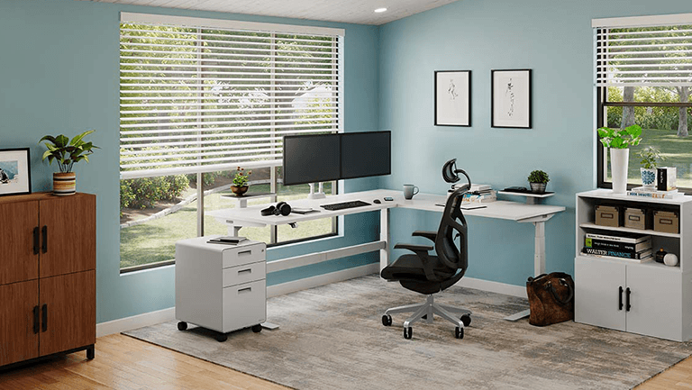 Home office outfitted with UPLIFT Desk products all covered by an extended warranty. 
