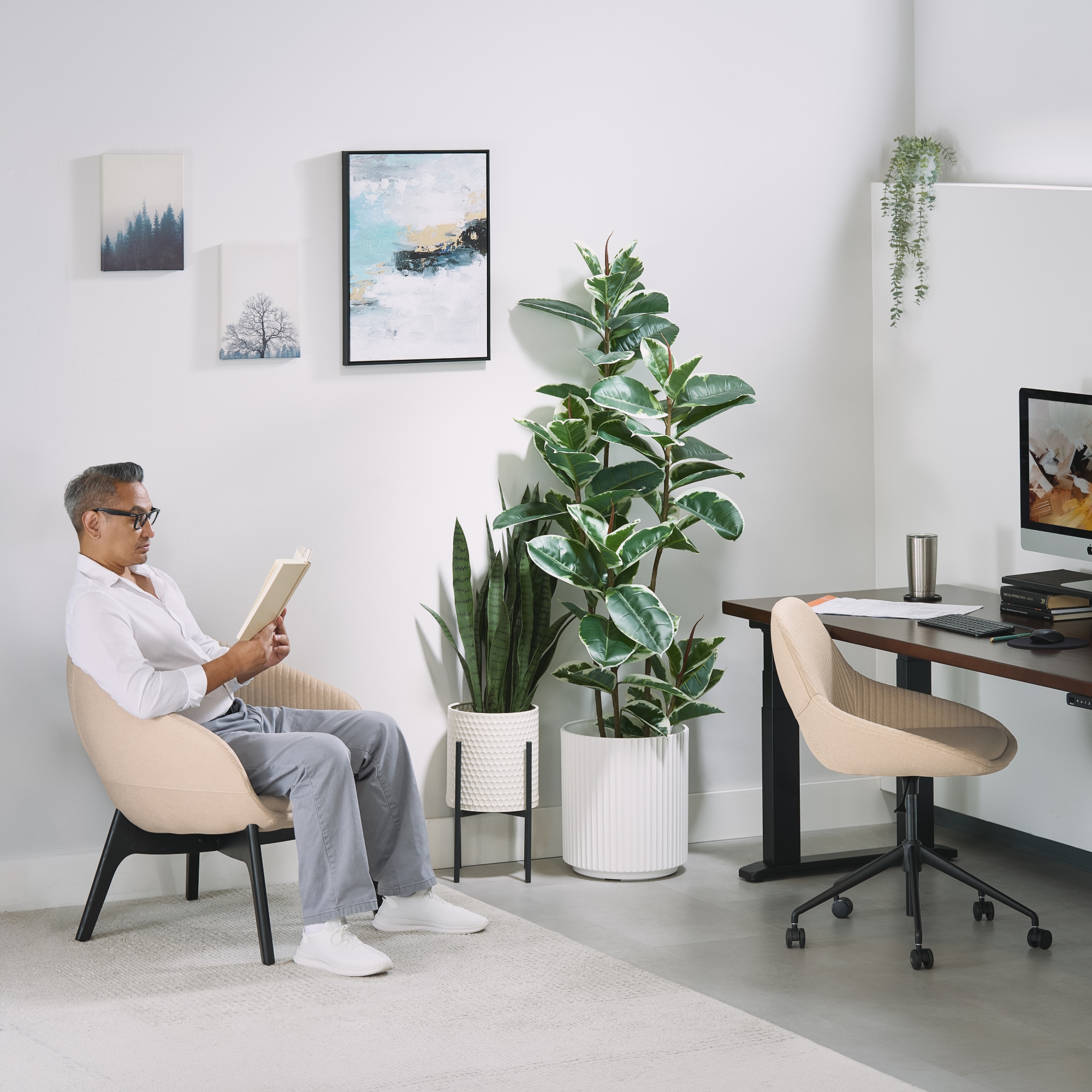 Rivervue Arm Chairs in Slate around a Seated Height Conference Table by UPLIFT Desk