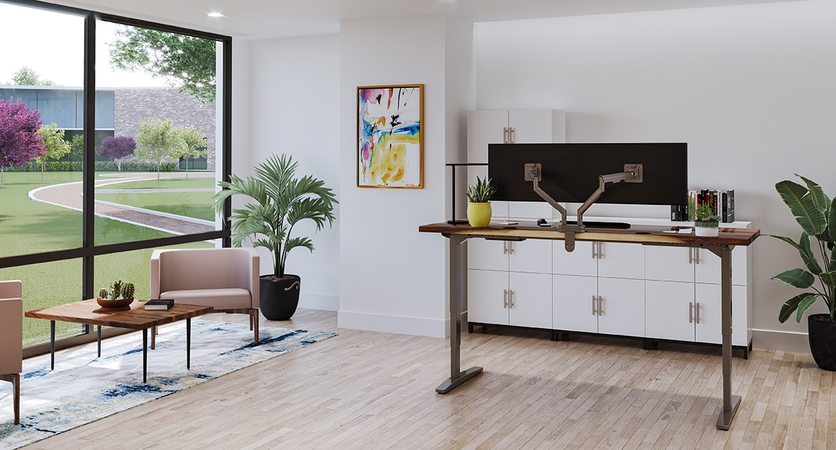 42" x 30" Saman Butcher Block Slimline Coffee Table with 80" x 30" Saman Live Edge Standing Desk