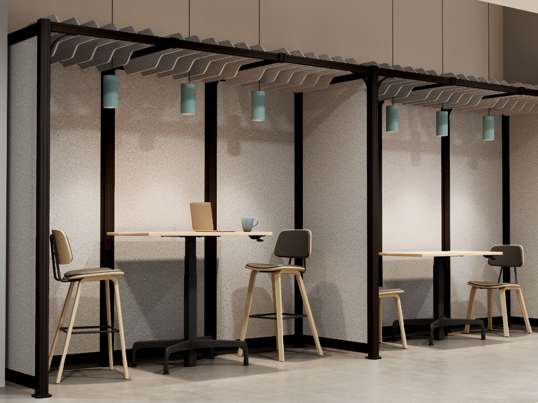 UPLIFT Spaces Wall System in Slate with Kerbey Barstools and Chairs