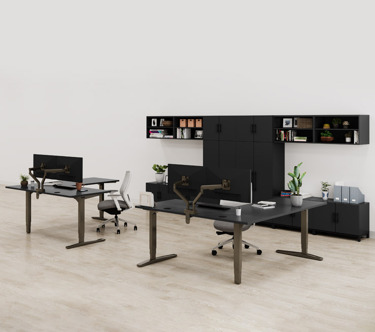 Black MoPac Shared Office Storage with l-shaped sit/stand desks
