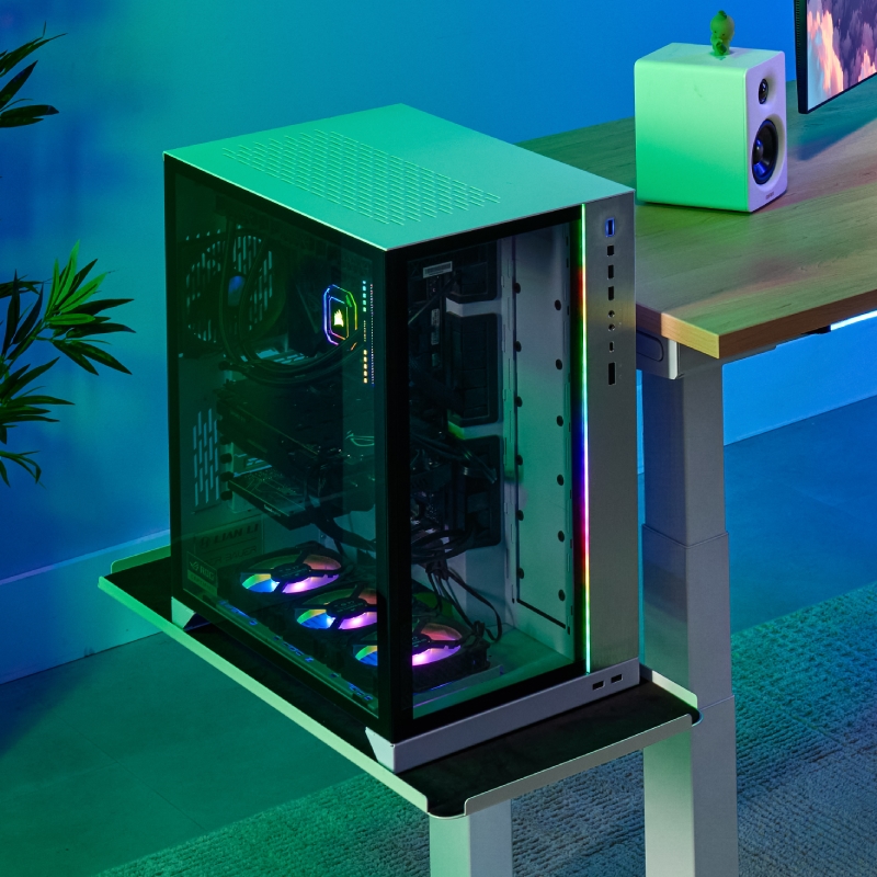 Side car shelf by UPLIFT Desk holding a white gaming PC.