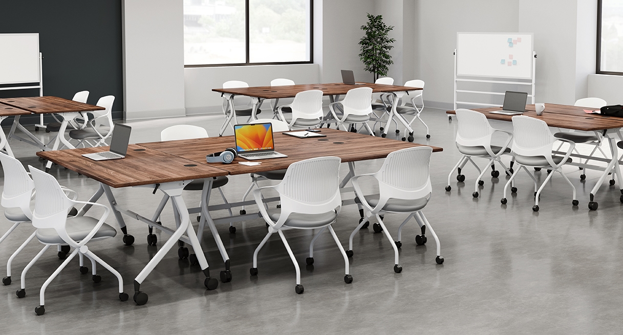 Arrange and rearrange group seating as needed with Rollaway Nesting Chairs and Flip Top Tables by UPLIFT Desk.
