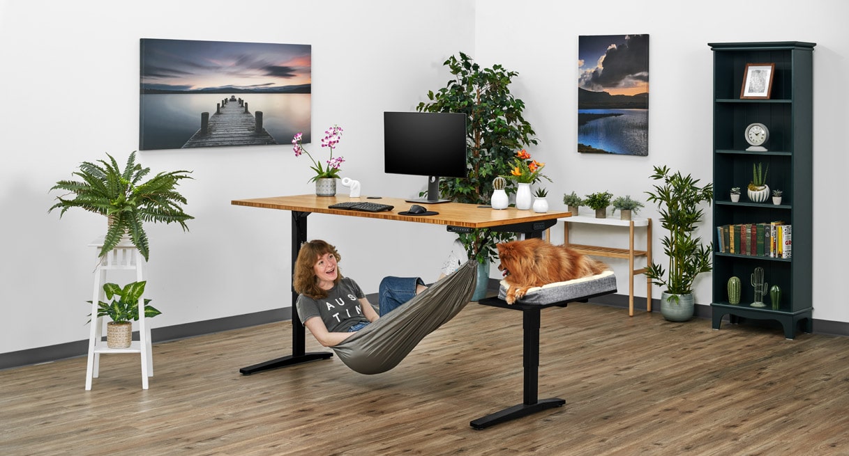 Sit in an Under Desk Hammock and relax with your pet; both the Desk Extension and Sidecar Shelf accommodate hammocks and other accessories