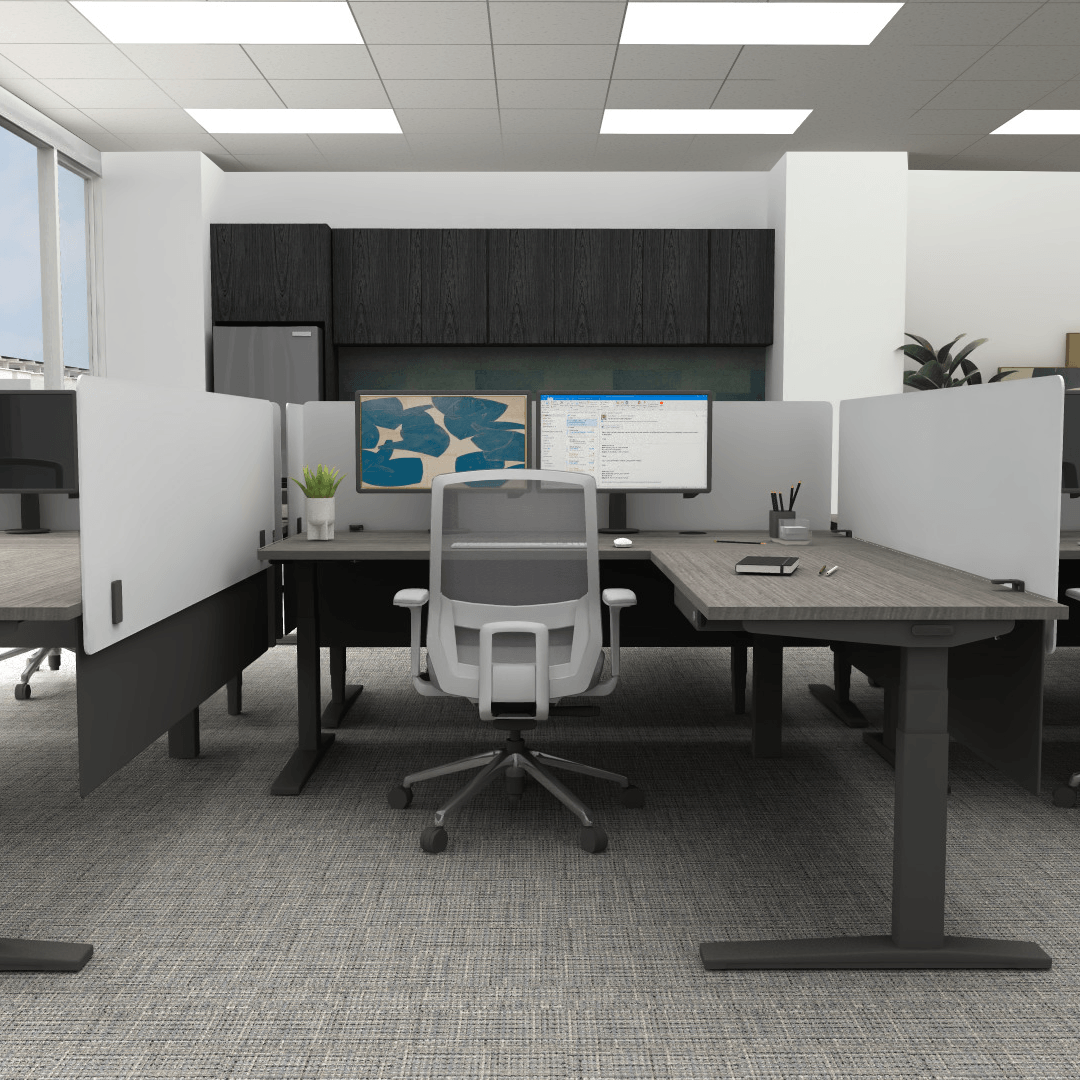 Cubicle concept design by UPLIFT Desk with an L-shaped standing desk and privacy panels