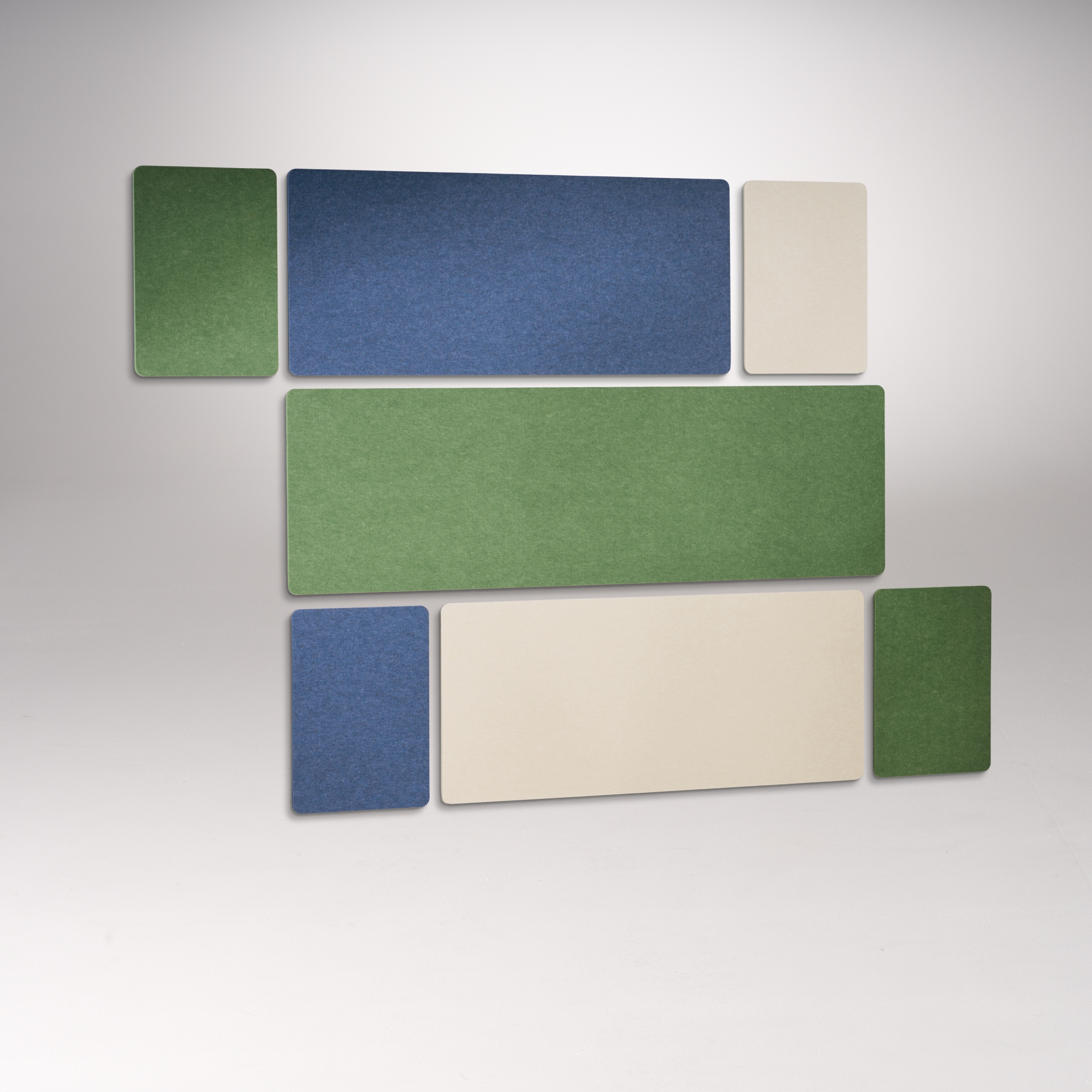 Rectangular Acoustic Wall Panels in Dark Blue, Eucalyptus, and Sand