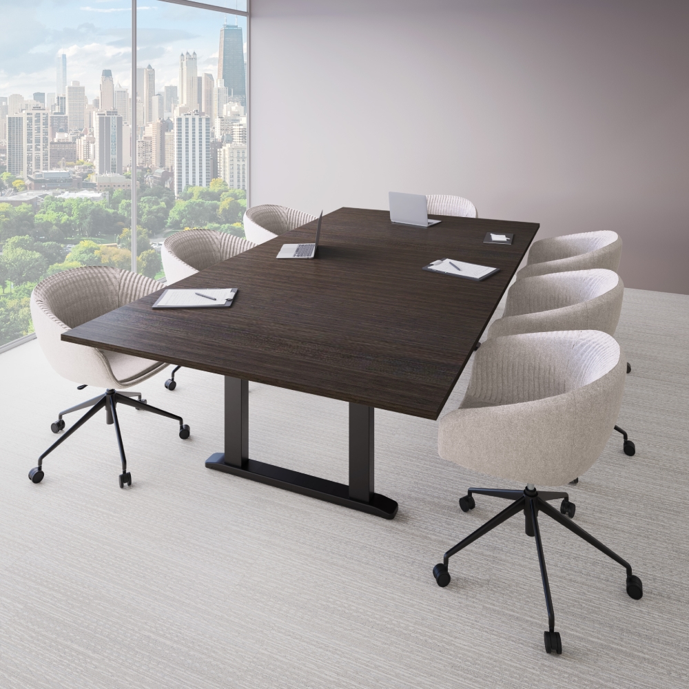Rivervue Arm Chairs in River Rock around a Seated Height Conference Table by UPLIFT Desk