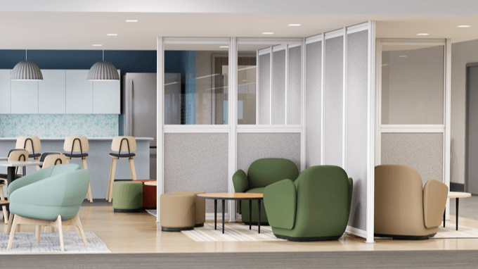 Modern office with UPLIFT Spaces Wall System and Dillo Lounge Seating showcasing modular design.