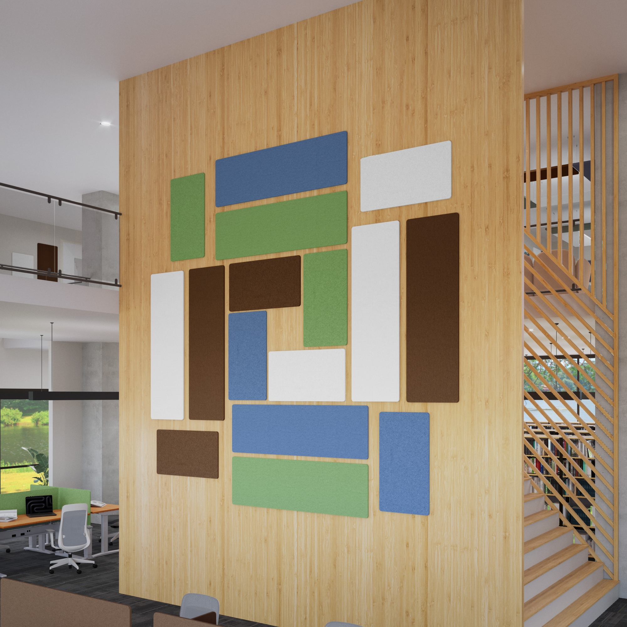 Acoustic Wall Panels in Eucalyptus, Brown, White, and Dark Blue