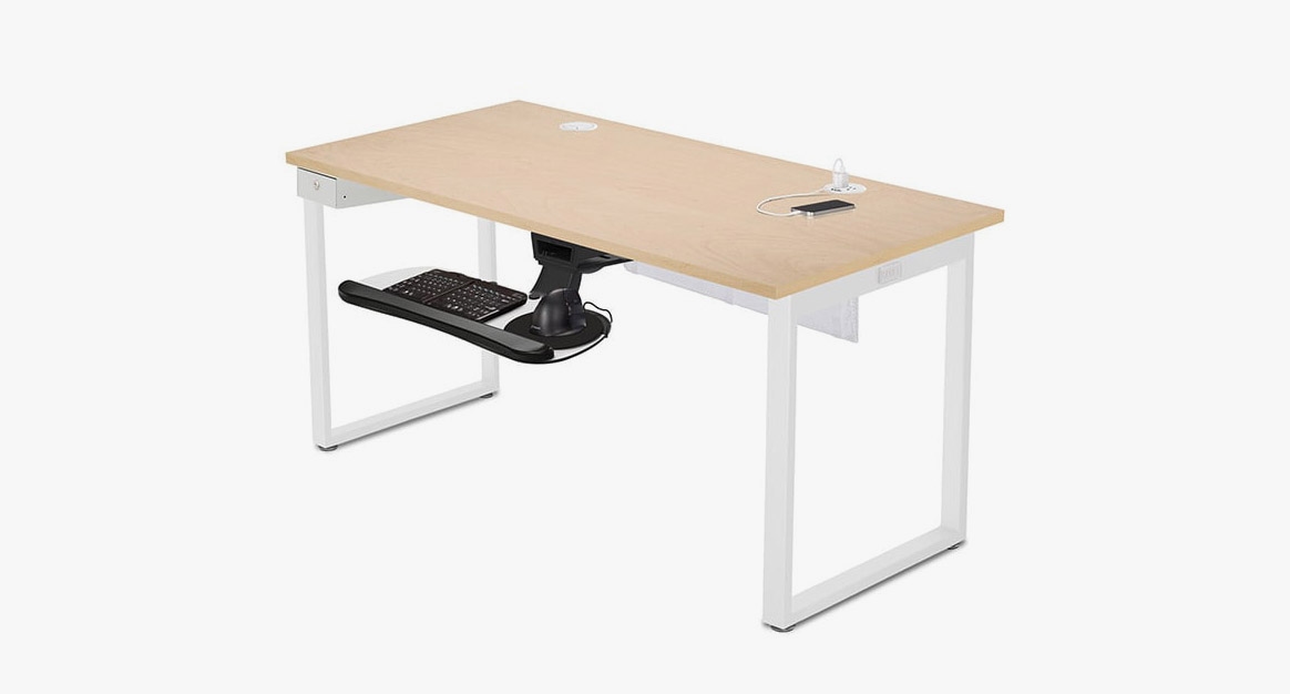 UPLIFT Seated Height O-Leg Table with 30" deep desktop that extends past frame sides slightly