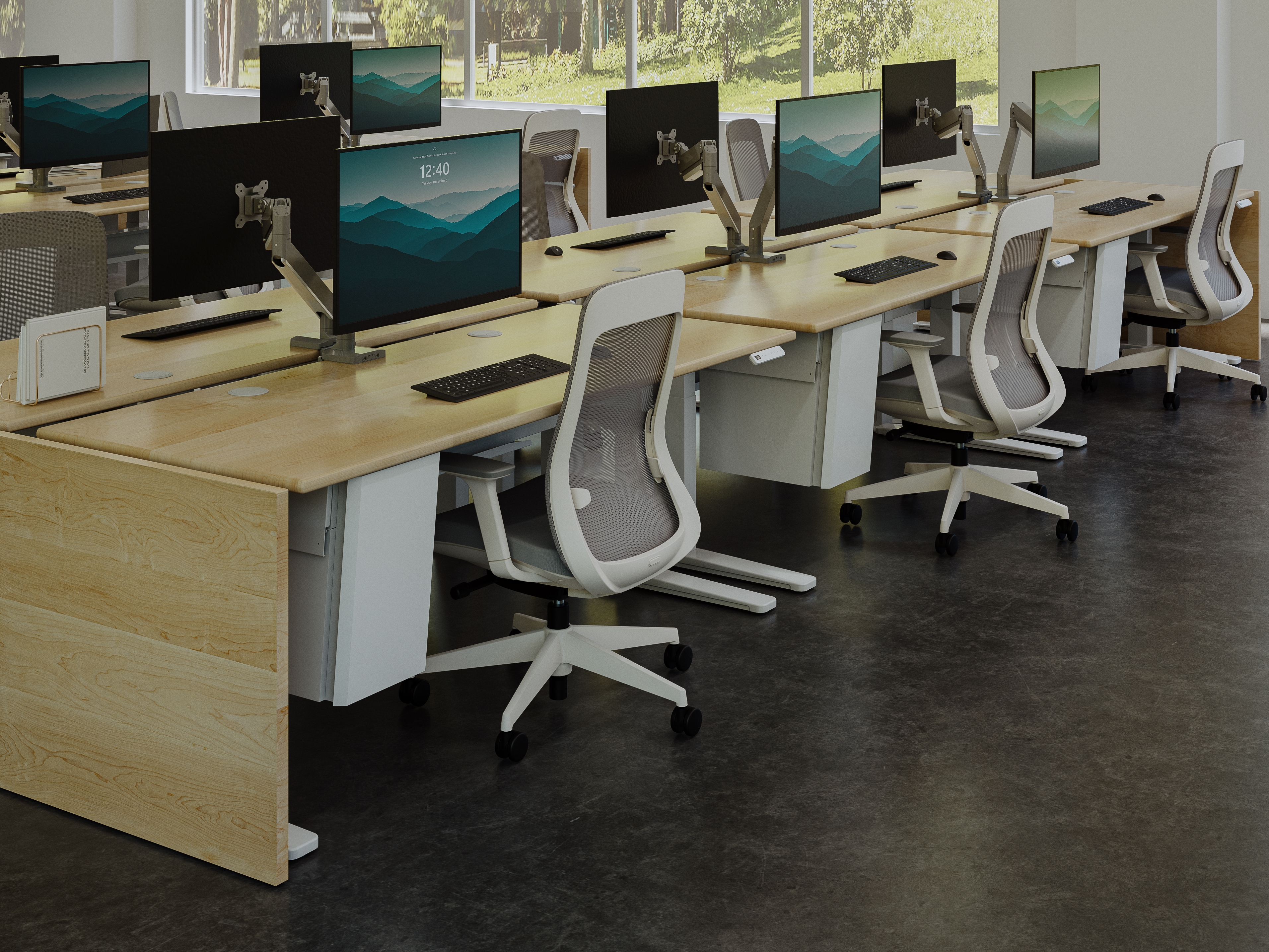 A row of UPLIFT Standing Desks connected by a Power and Data Rail, with Bolan Chairs and Gallery Panels.