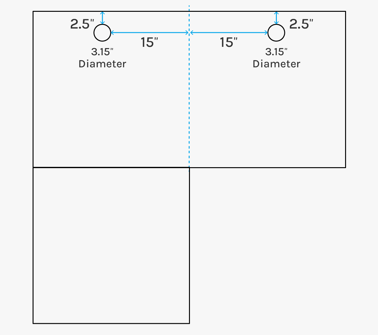 An infographic with l-shaped desktop grommet hole dimensions