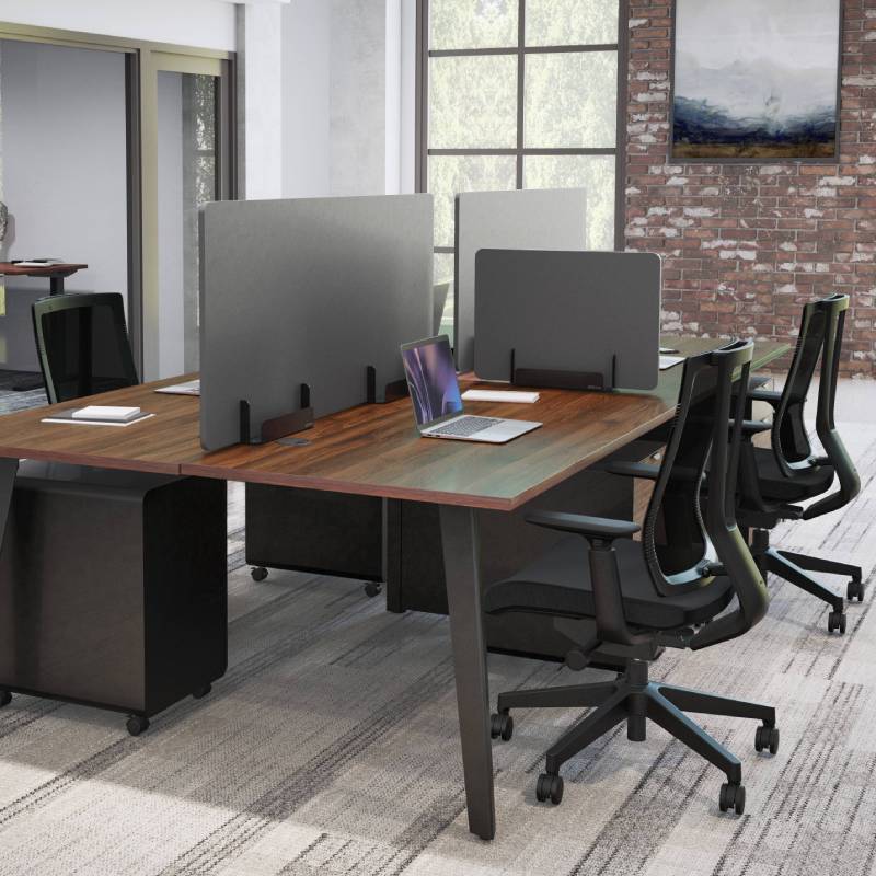 Black Acoustic Privacy Panel Holders holding an acoustic panel on a 4-Person Table by UPLIFT Desk