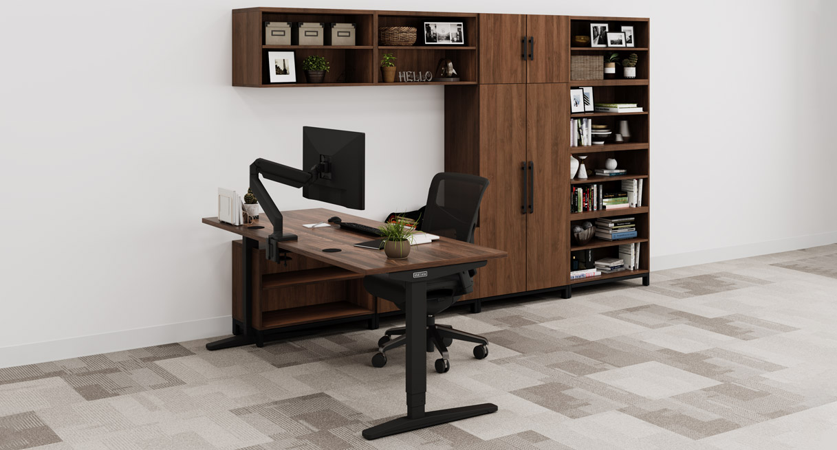 Walnut MoPac Storage Wall with Bookcase and matching walnut UPLIFT Standing Desk