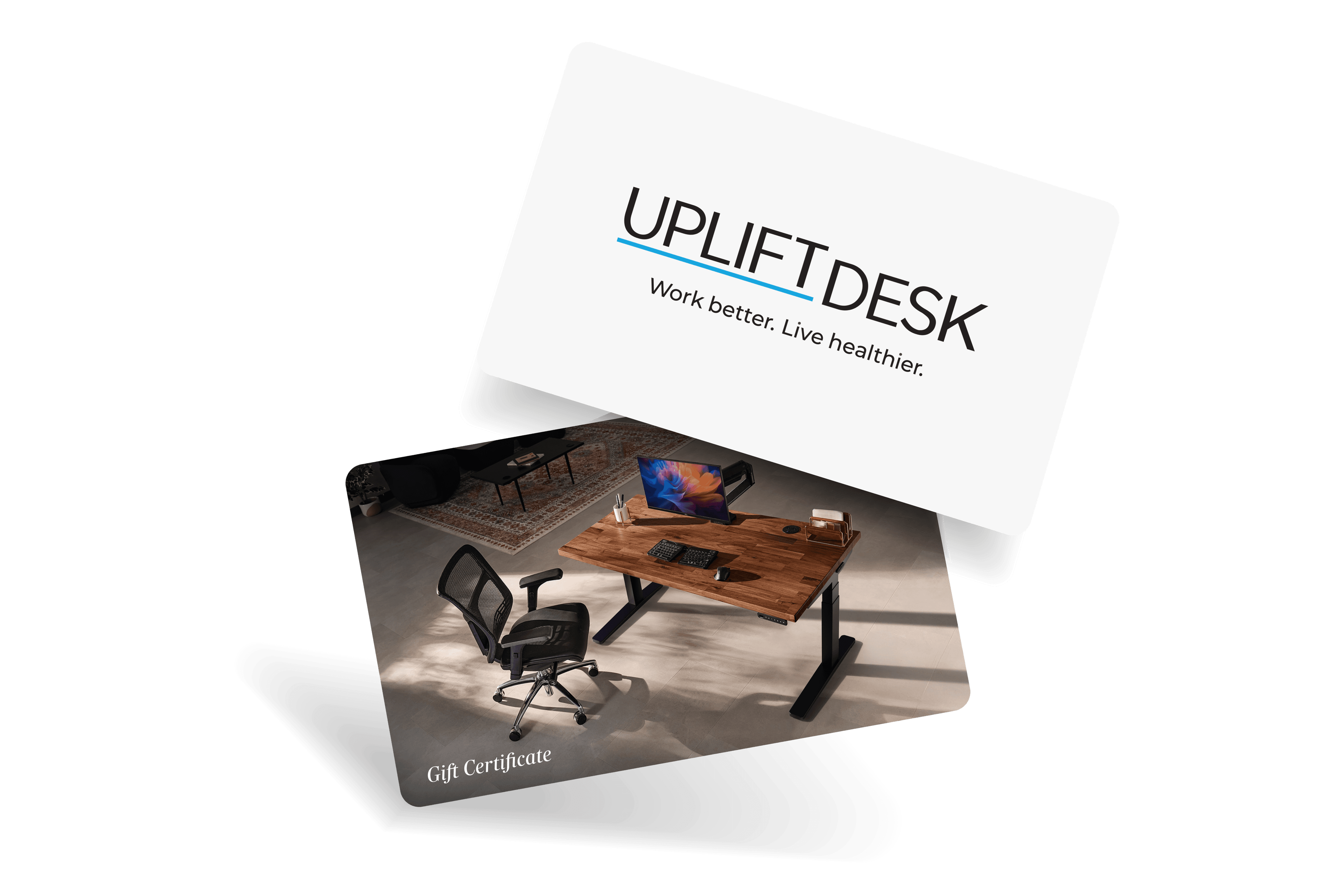 Two UPLIFT gift certificates, one featuring a standing desk