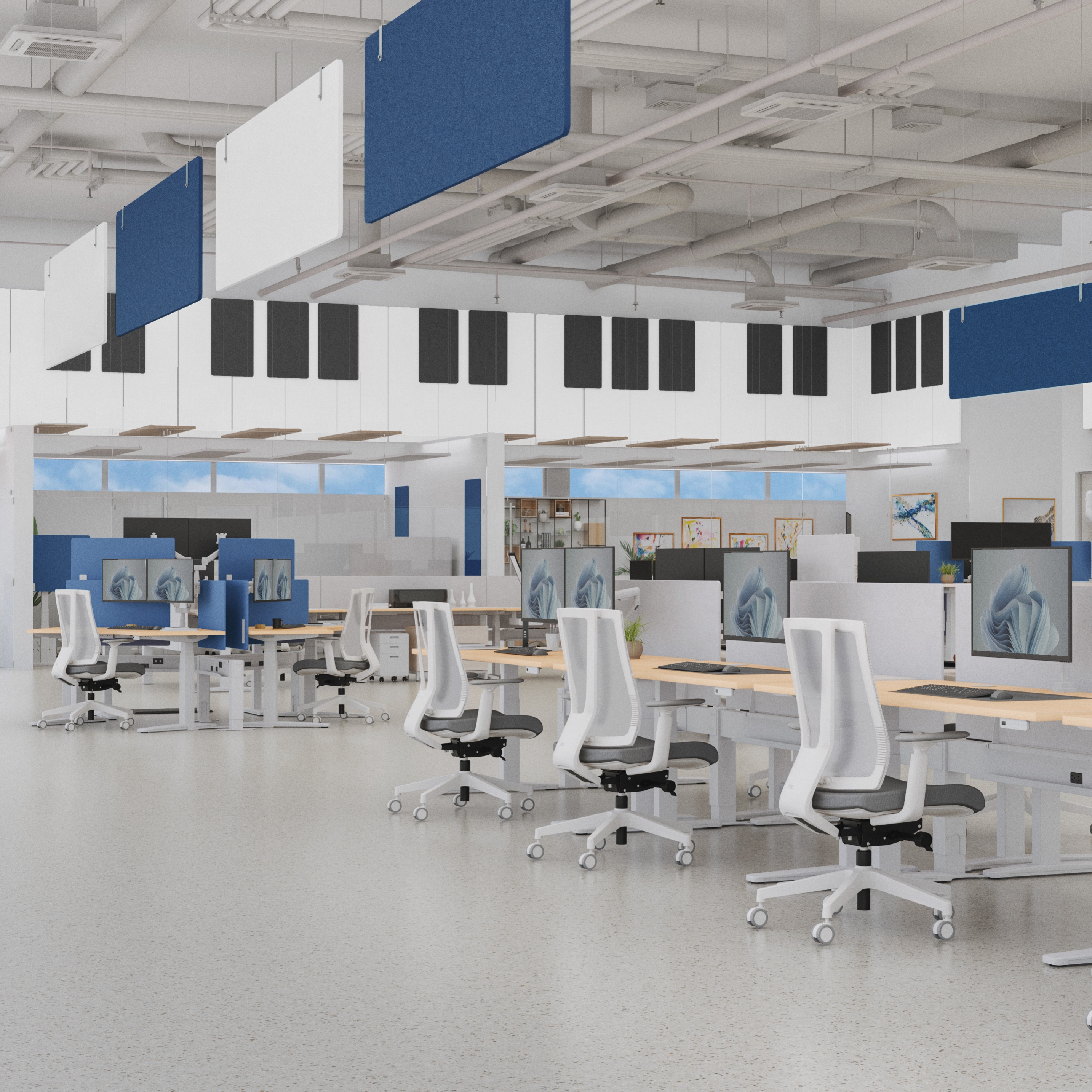 Large open office dressed with Acoustic Privacy Panels by UPLIFT Desk