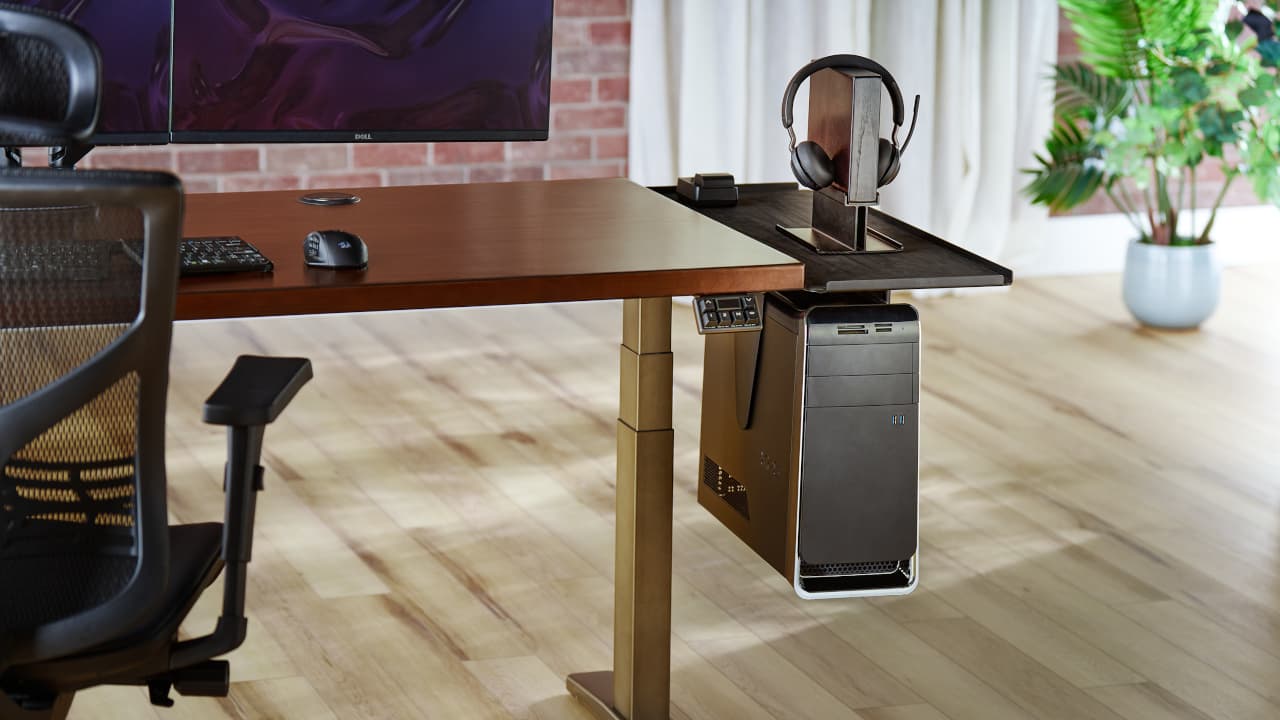 Black Desk Extension and CPU Holder to add extra desk space to the Uplift Standing Desk.