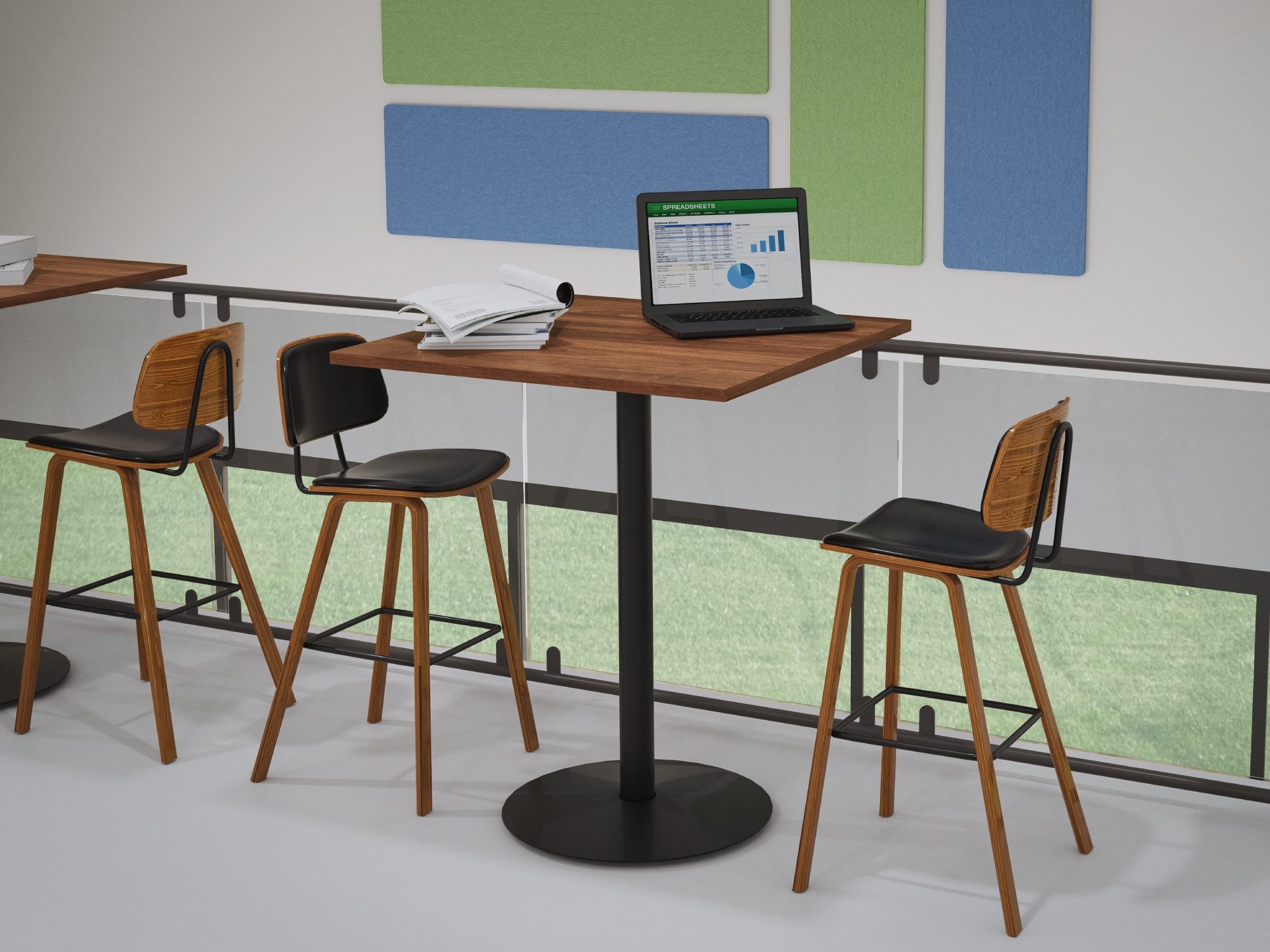 Kerbey Barstools and a Cafe Table by UPLIFT Desk in a study area