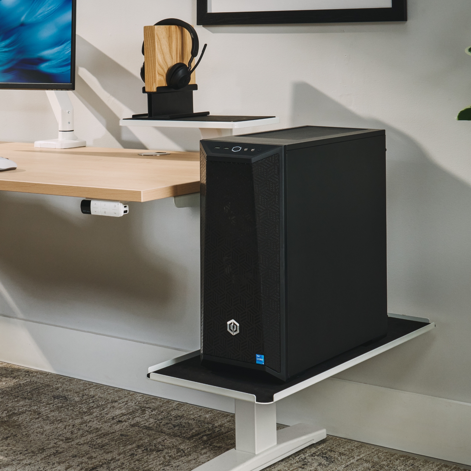 Desk shelves supporting gamer accessories
