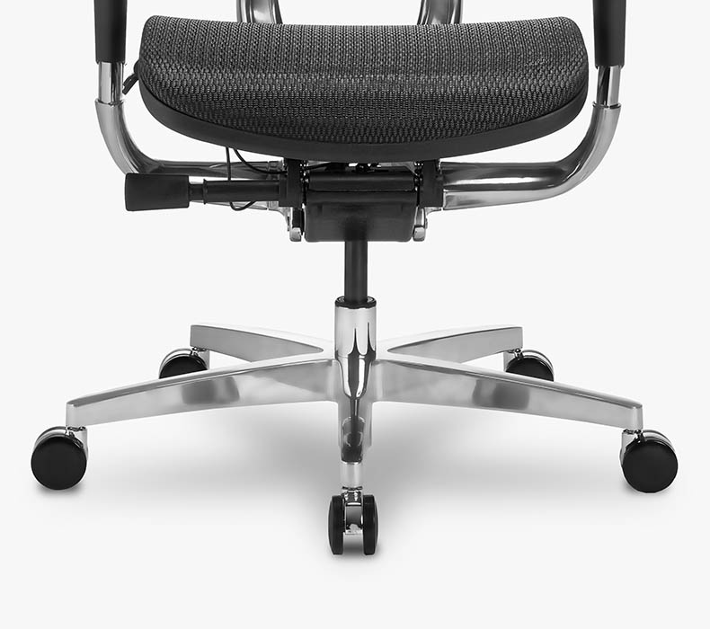 Close-up of the polished aluminum frame of the Intuition Ergonomic Chair
