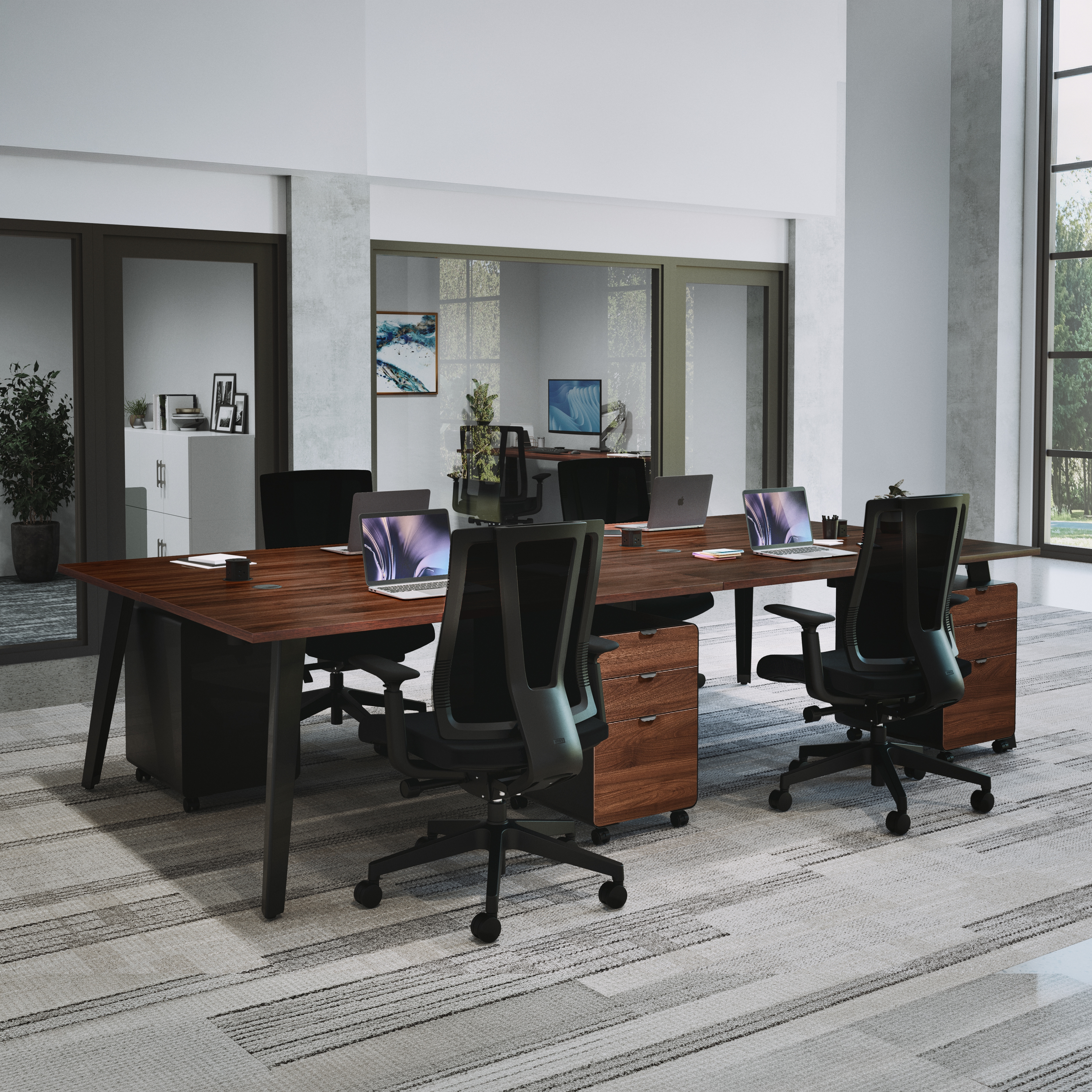4-Person Table by UPLIFT Desk in Walnut Laminate with matching 3-Drawer File Cabinets and Black Clarksville chairs
