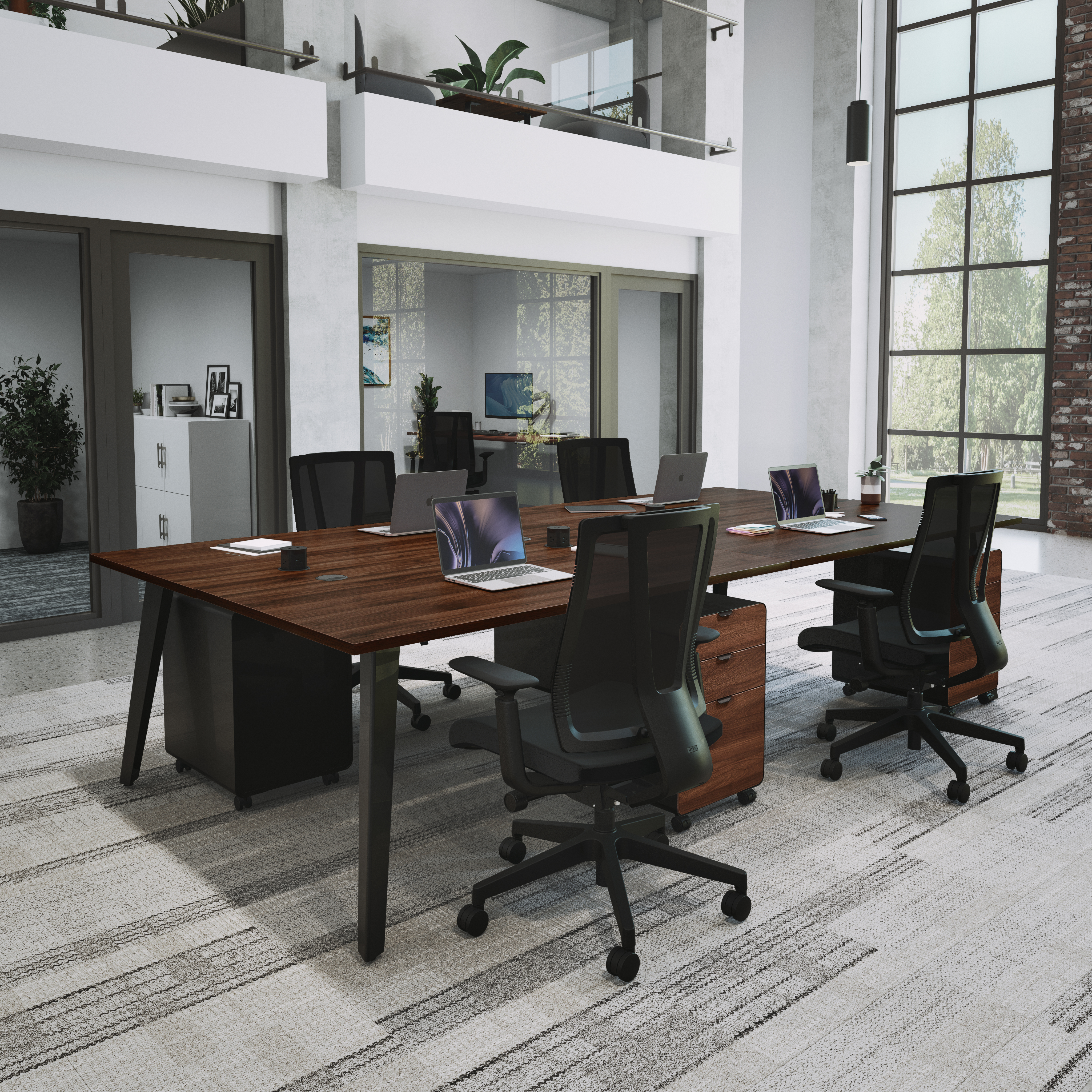 4-Person Table by UPLIFT Desk in Walnut Laminate with matching 3-Drawer File Cabinets and Black Clarksville chairs
