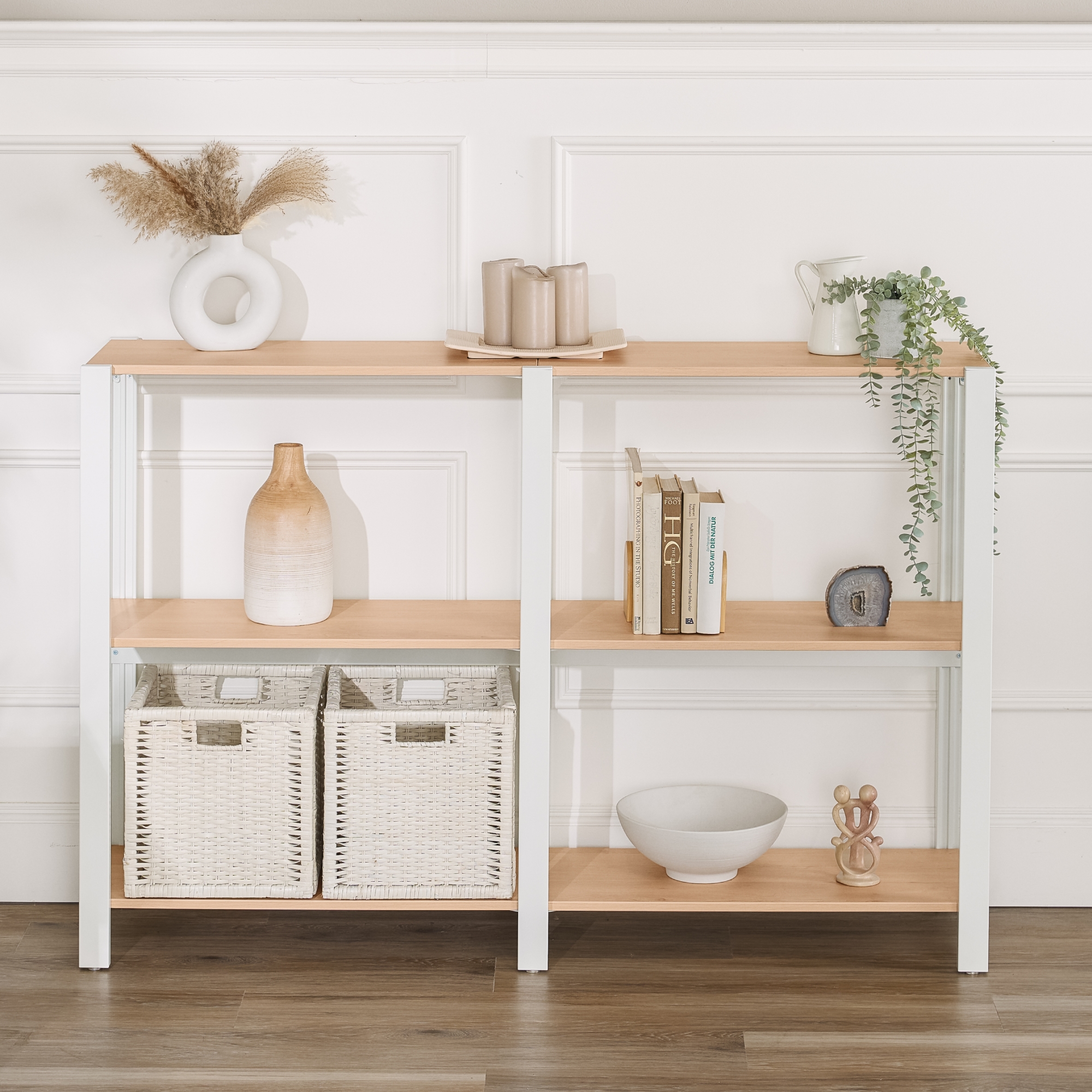 White Sequence Shelves by UPLIFT Desk with maple laminate shelving
